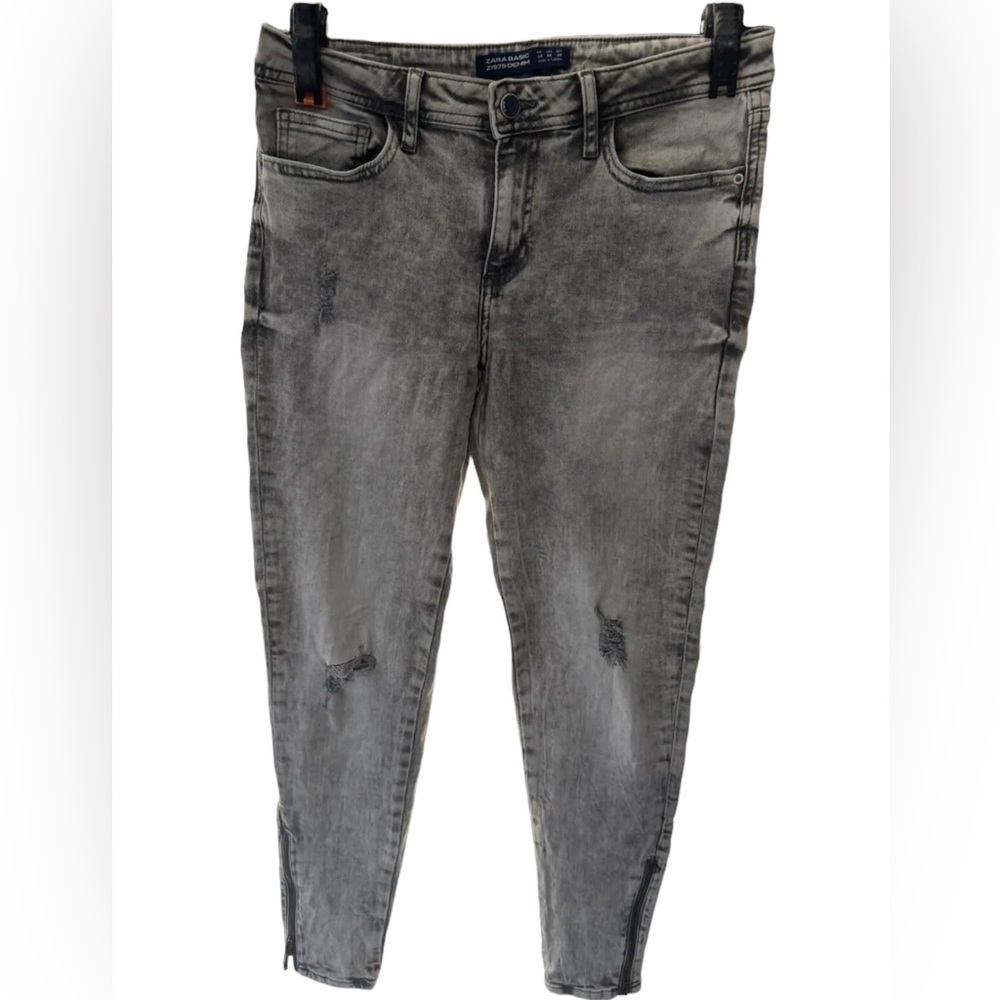 ZARA BASIC Z1975 WOMEN'S LIGHT GRAY DISTRESSED‎ RAW HEM Zipper JEANS SIZE 06